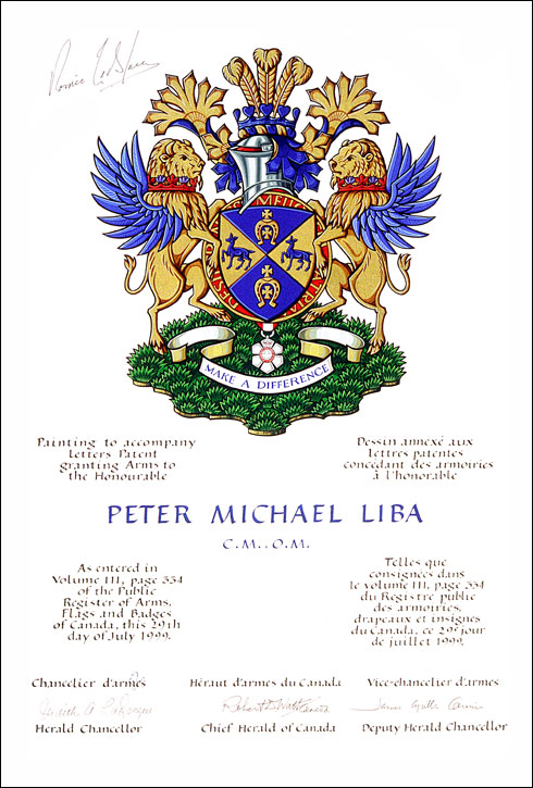 Letters patent granting heraldic emblems to Peter Michael Liba
