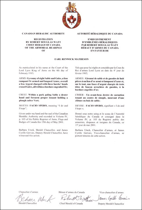 Letters patent registering the heraldic emblems of Earl Renwick Matheson