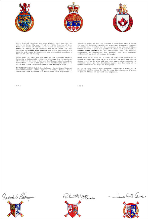 Letters patent granting heraldic emblems to Michael Birks Chadwick