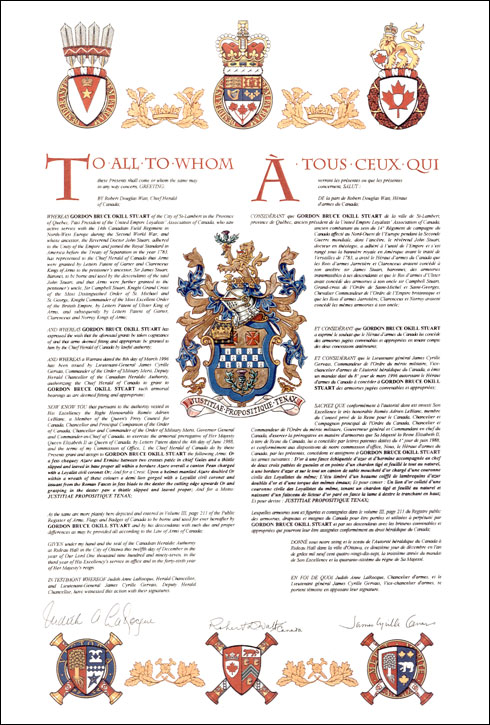Letters patent granting heraldic emblems to Gordon Bruce Okill Stuart
