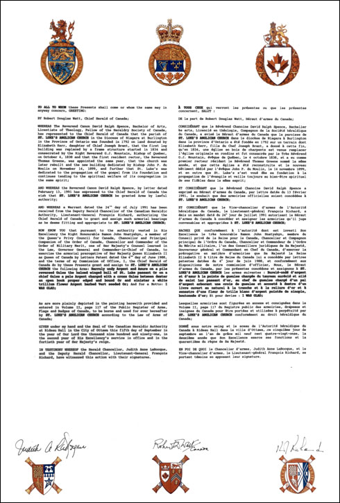 Letters patent granting heraldic emblems to St. Luke's Anglican Church
