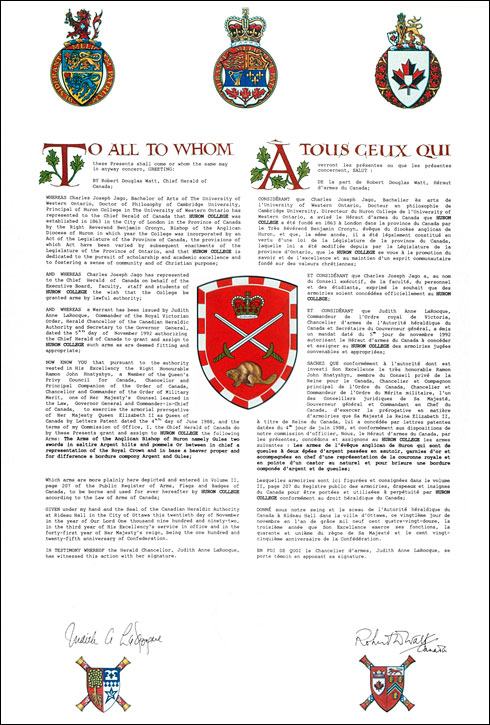 Letters patent granting heraldic emblems to Huron College