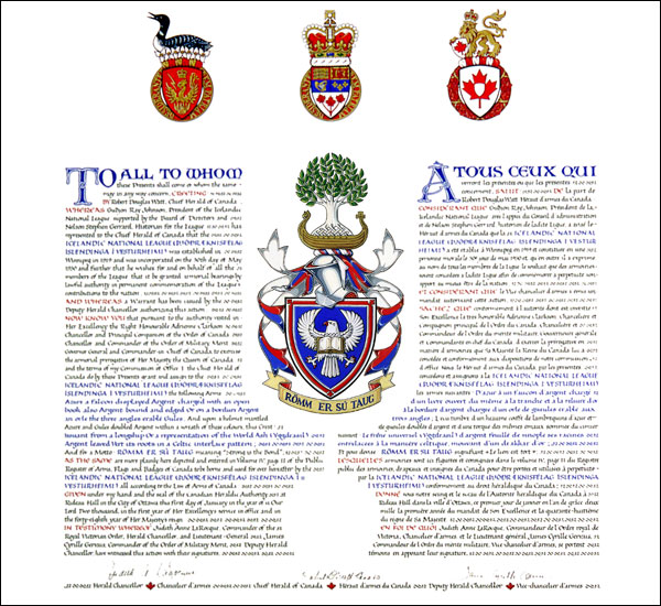 Letters patent granting heraldic emblems to the Icelandic National League (ÞJÓÐRÆKNISFÉLAG ÍSLENDINGA Í VESTURHEIMI)