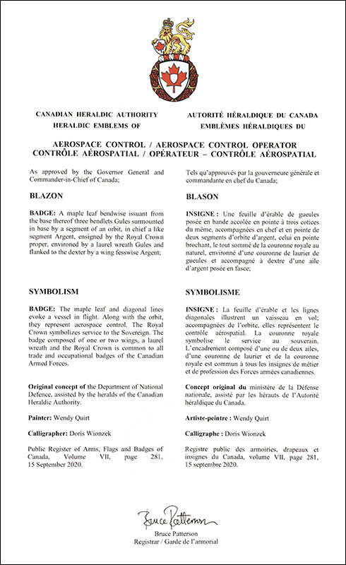 Letters patent approving the heraldic emblems of Aerospace Control / Aerospace Control Operator of the Royal Canadian Air Force
