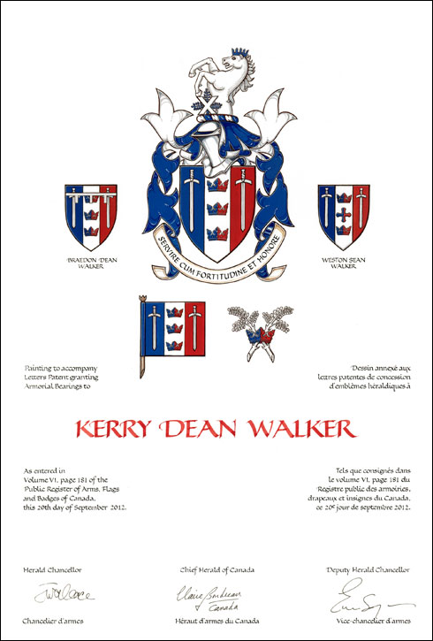 Letters patent granting heraldic emblems to Kerry Dean Walker