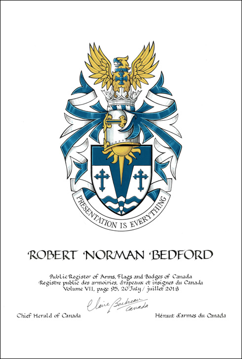 Letters patent granting heraldic emblems to Robert Norman Bedford