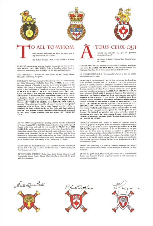 Letters patent granting heraldic emblems to Arjeh van der Sluis