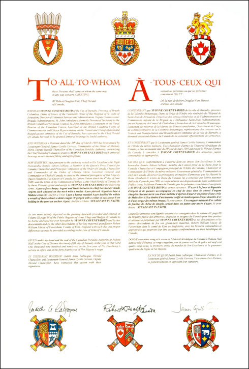 Letters patent granting heraldic emblems to Yvonne Coveney-Boyd