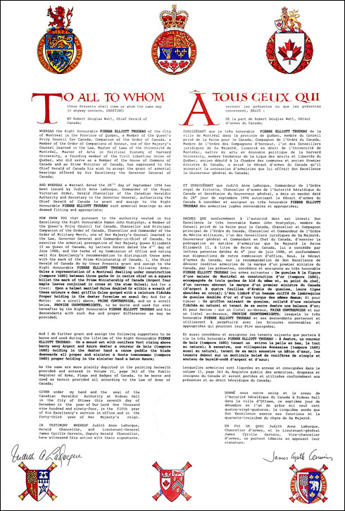 Letters patent granting heraldic emblems to Pierre Elliott Trudeau