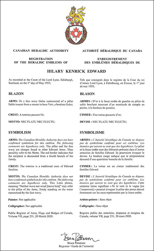 Letters patent registering the heraldic emblems of Hilary Kenrick Edward