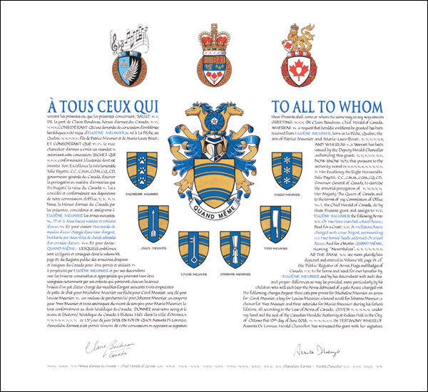 Letters patent granting heraldic emblems to Eugène Meunier