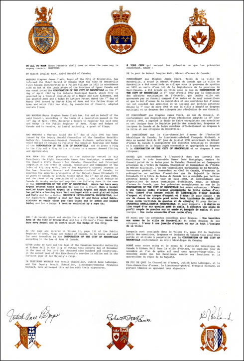 Letters patent registering the heraldic emblems of the Corporation of the City of Brockville