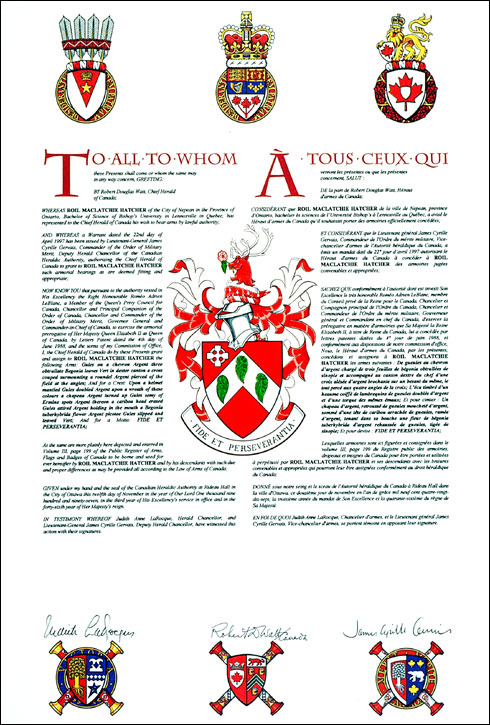 Letters patent granting heraldic emblems to Roil MacLatchie Hatcher