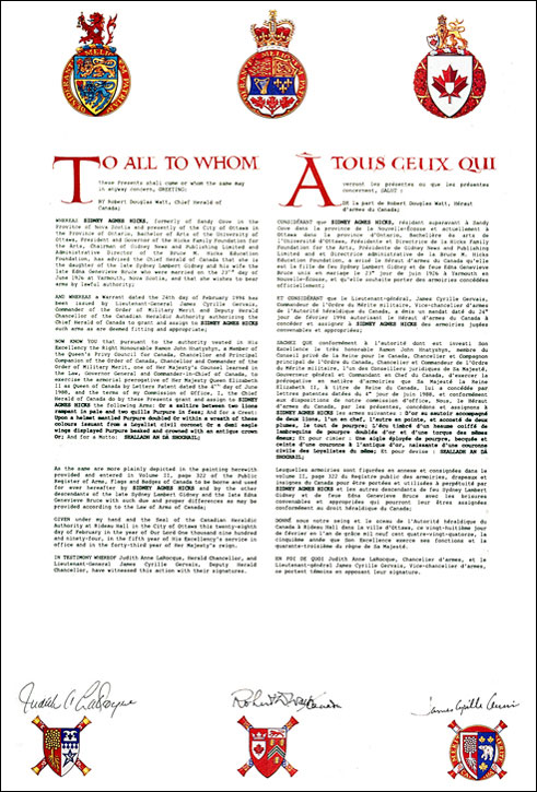 Letters patent granting heraldic emblems to Sidney Agnes Hicks