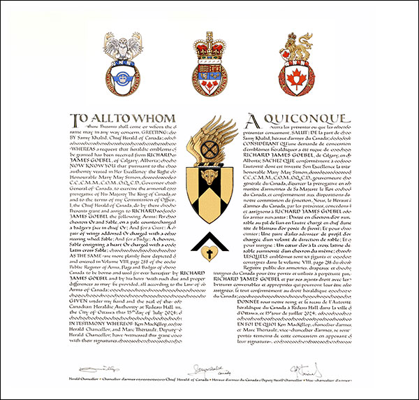Lettres patentes concédant des emblèmes héraldiques à Richard James Goebel