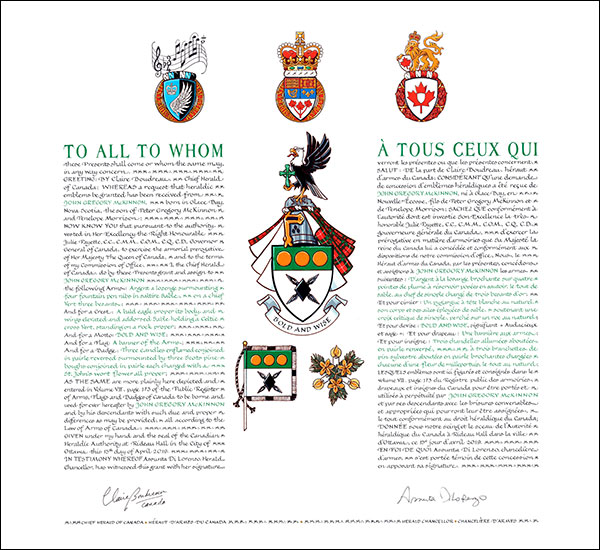 Lettres patentes concédant des emblèmes héraldiques à John Gregory McKinnon