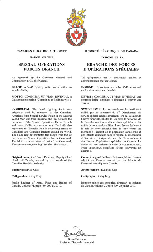 Letters patent approving the Badge of the Special Operations Forces Branch
