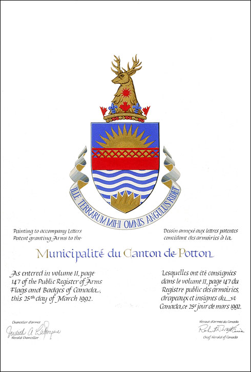 Letters patent granting heraldic emblems to the Municipalité du canton de Potton