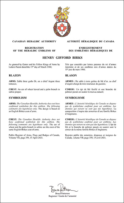 Letters patent registering the heraldic emblems of Henry Gifford Birks