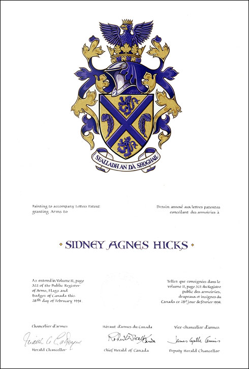 Letters patent granting heraldic emblems to Sidney Agnes Hicks