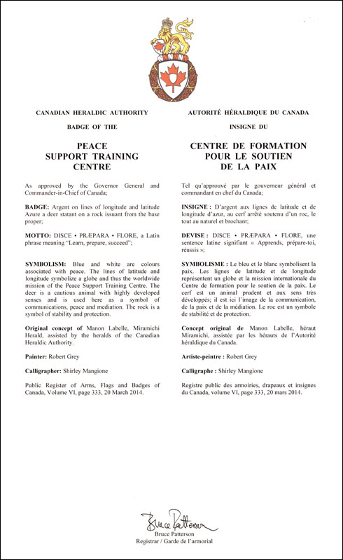 Letters patent approving the badge of the Peace Support Training Centre