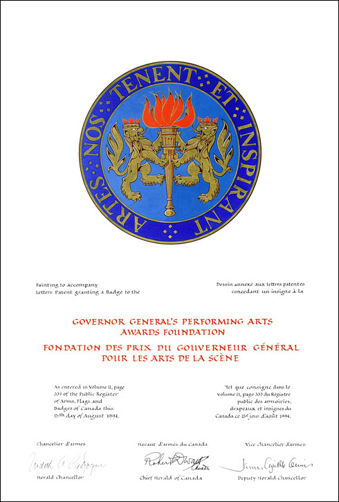 Letters patent granting a Badge to the Governor General's Performing Arts Awards Foundation