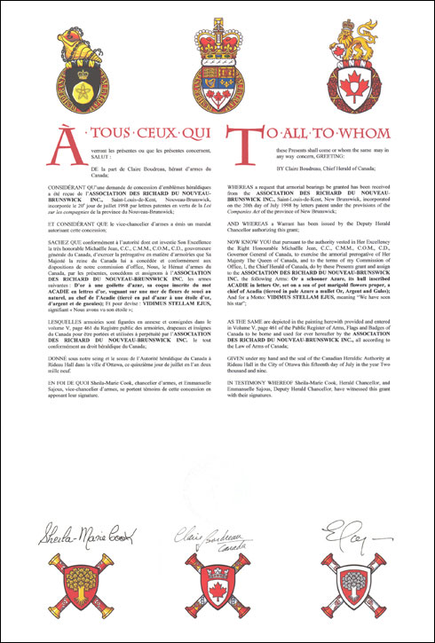 Letters patent granting heraldic emblems to the Association des Richard du Nouveau-Brunswick Inc.