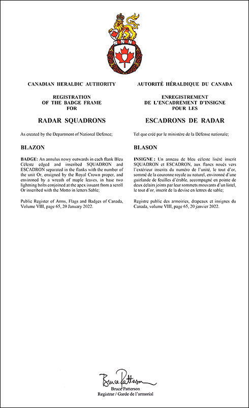 Letters patent registering the badge frame for Radar Squadrons of the Canadian Armed Forces