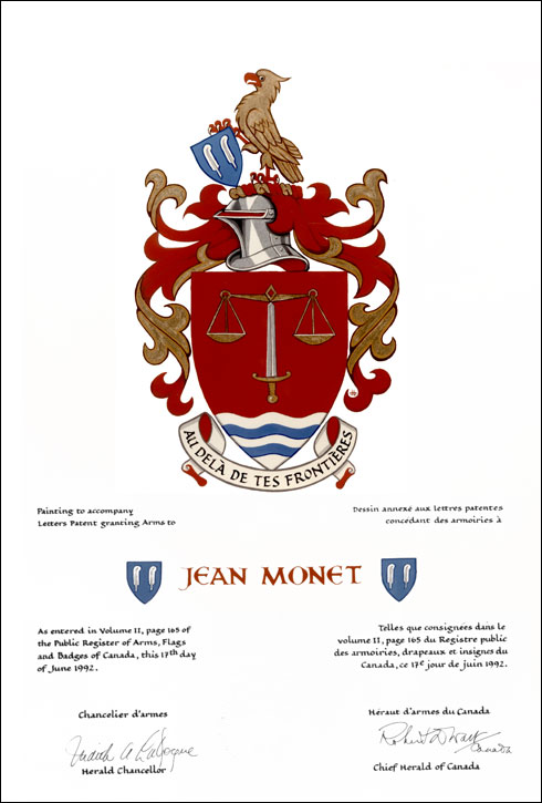 Letters patent granting heraldic emblems to Jean Monet