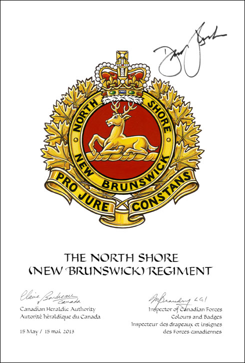 Letters patent approving the Badge of The North Shore (New Brunswick) Regiment