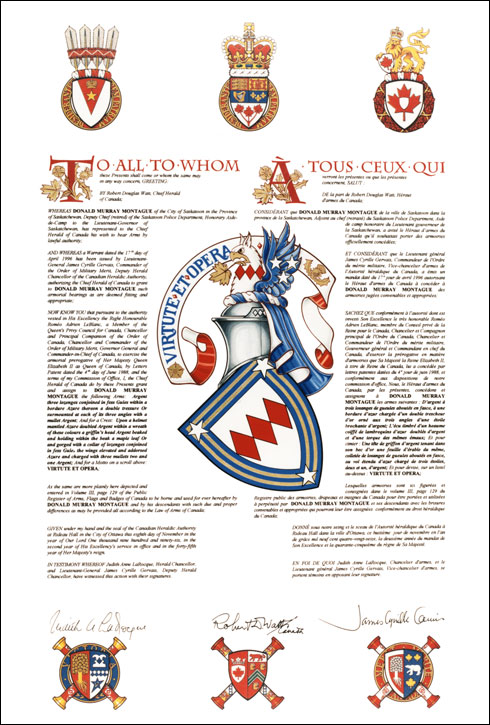 Letters patent granting heraldic emblems to Donald Murray Montague
