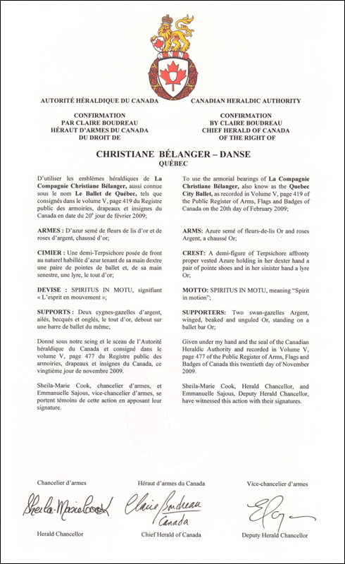 Letters patent confirming the heraldic emblems of Christiane Bélanger-Danse