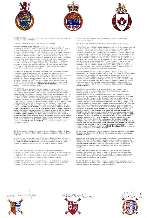 Letters patent registering the heraldic emblems of Vincent Shaun Redmond