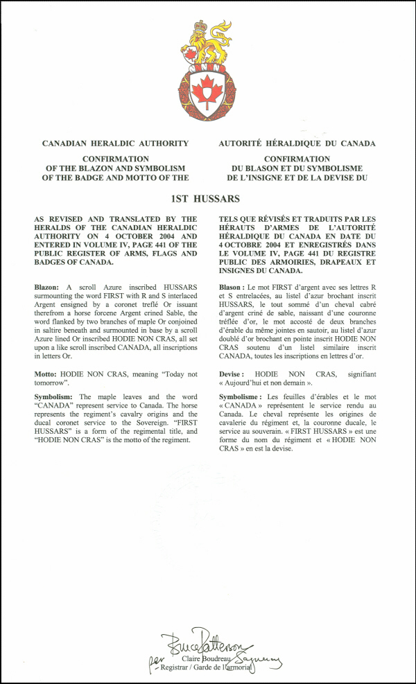 Lettres patentes confirmant le blasonnement de l'insigne du 1st Hussars
