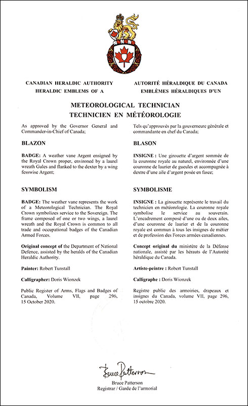 Letters patent approving the heraldic emblems of the Meteorological Technician of the Royal Canadian Air Force