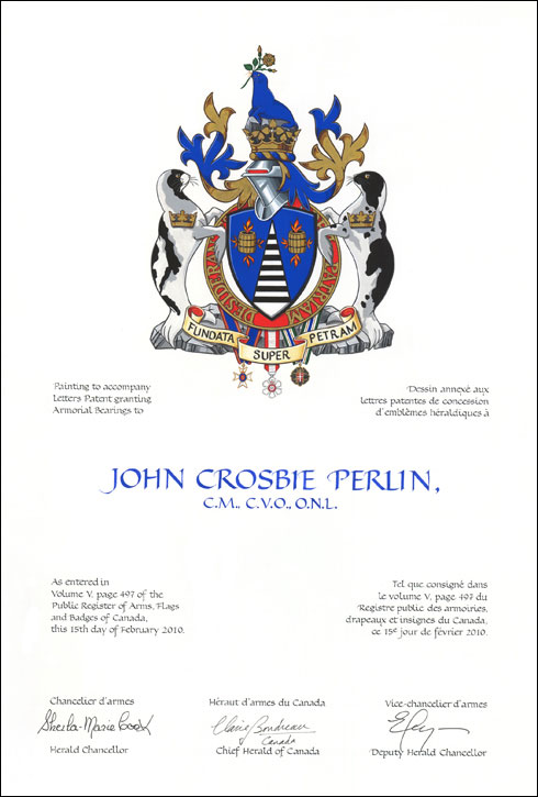 Letters patent granting heraldic emblems to John Crosbie Perlin