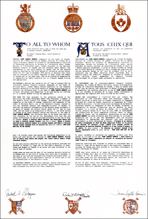 Letters patent registering the heraldic emblems of John Larkin Kerwin