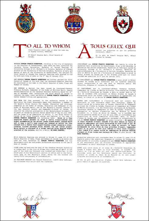 Letters patent registering the heraldic emblems of Duncan Francis Robertson