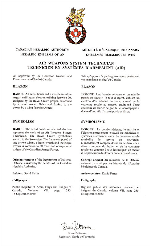 Letters patent approving the heraldic emblems of an Air Weapons System Technician of the Royal Canadian Air Force