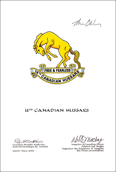 Approbation de l'insigne des 14th Canadian Hussars