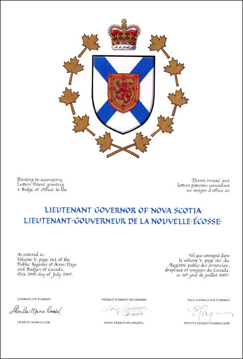 Letters patent granting a Badge of Office to the Lieutenant Governor of Nova Scotia
