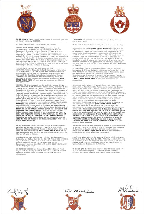 Lettres patentes concédant des emblèmes héraldiques à Marie Jeanne Annick Amyot