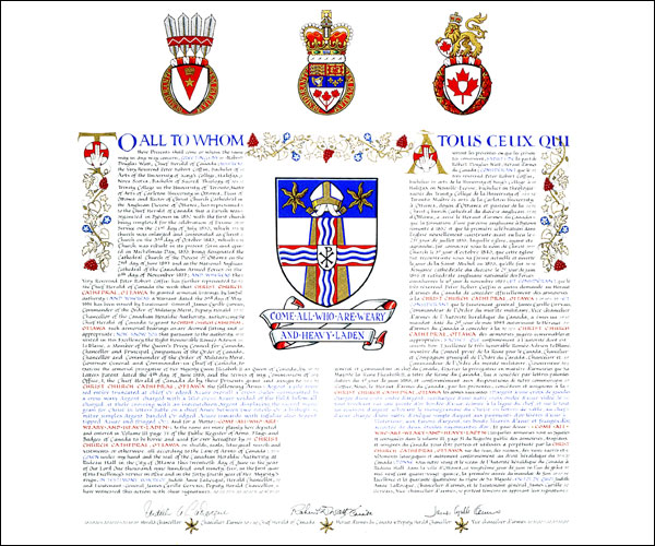 Letters patent granting heraldic emblems to Christ Church Cathedral