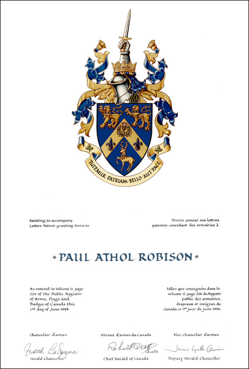 Letters patent granting heraldic emblems to Paul Athol Robison