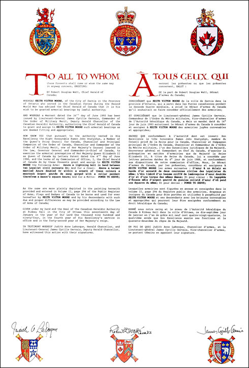 Letters patent granting heraldic emblems to Keith Victor Moore