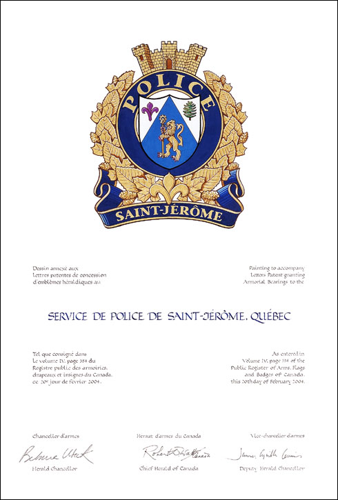Letters patent granting heraldic emblems to the Service de police de Saint-Jérôme