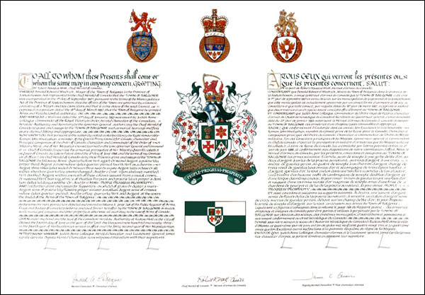 Letters patent granting heraldic emblems to the Town of Balgonie