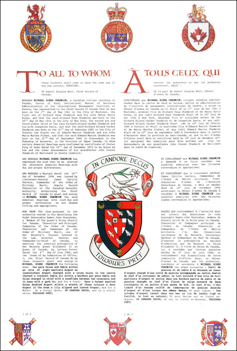 Letters patent granting heraldic emblems to Michael Birks Chadwick