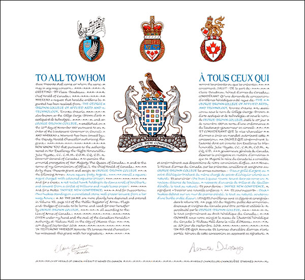 Letters patent granting heraldic emblems to The George Brown College of Applied Arts and Technology