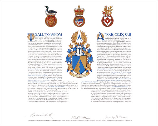Letters patent granting heraldic emblems to Arthur Brian Shook